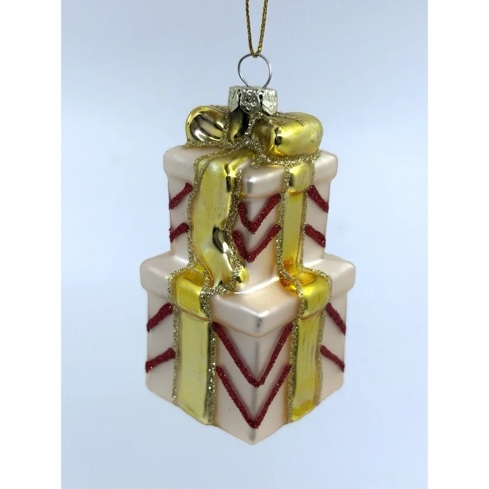Tiered Presents Wrapped In Gold Bow Glass Christmas Ornament New Tag